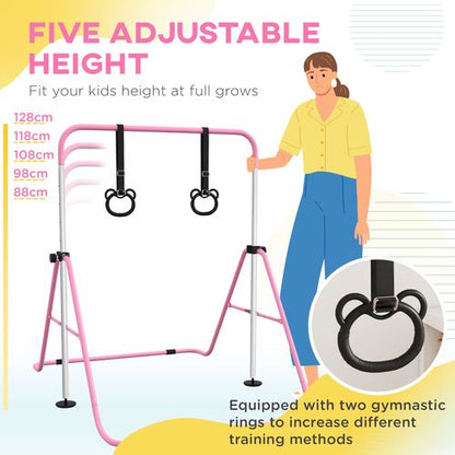 HOMCOM Adjustable Height Foldable Kids Gymnastics Bar with Non-Slip Mats, Pink