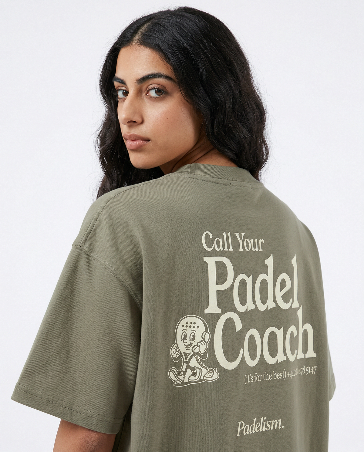 Heavyweight T-shirt, dark olive green, back graphic Call Your Padel Coach