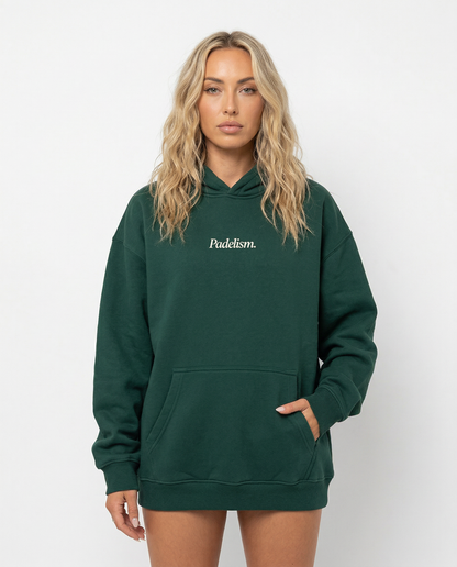 Women’s green box hoodie with hood, front kangaroo pocket, and small chest logo.