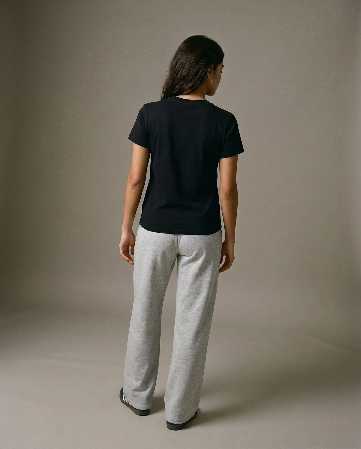Black crewneck T-shirt, back view