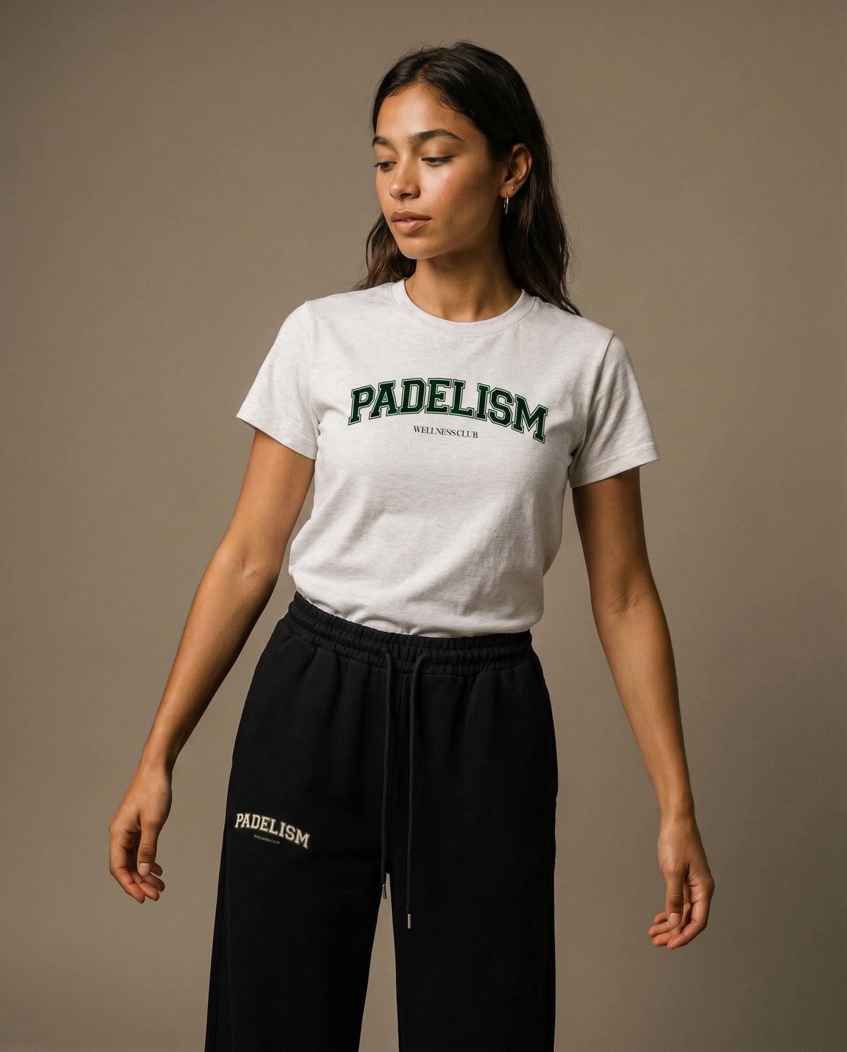 White crewneck t-shirt with front graphic print, short sleeves.