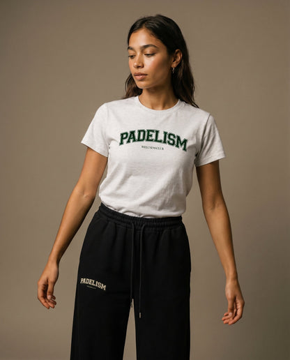 White crewneck t-shirt with front graphic print, short sleeves.