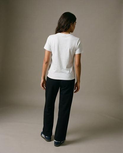 White crewneck t-shirt from the back with short sleeves.