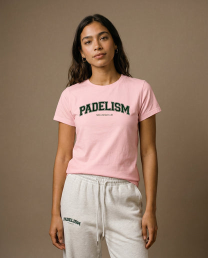 Pink crewneck t-shirt with front graphic print and short sleeves.