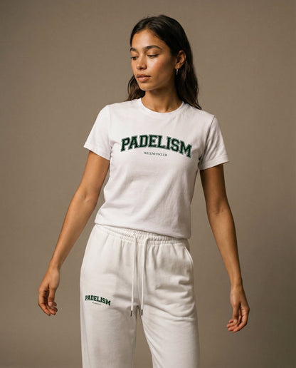White crewneck T-shirt with green Padelism logo graphic on chest