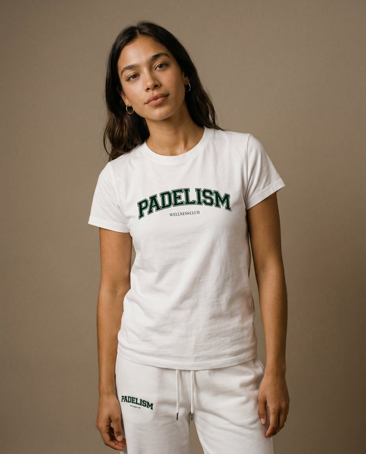 White crewneck T-shirt with green Padelism logo graphic on front