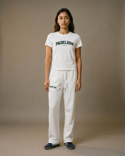 White crewneck T-shirt with Padelism logo, paired with light gray lounge pants