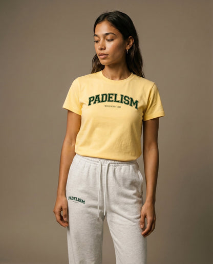 Yellow crewneck T-shirt with green Padelism logo graphic on chest