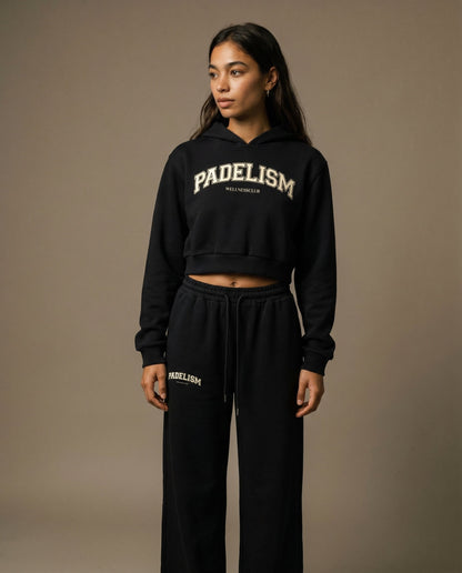 Black cropped hoodie with hood and front Padelism Wellness Club logo print