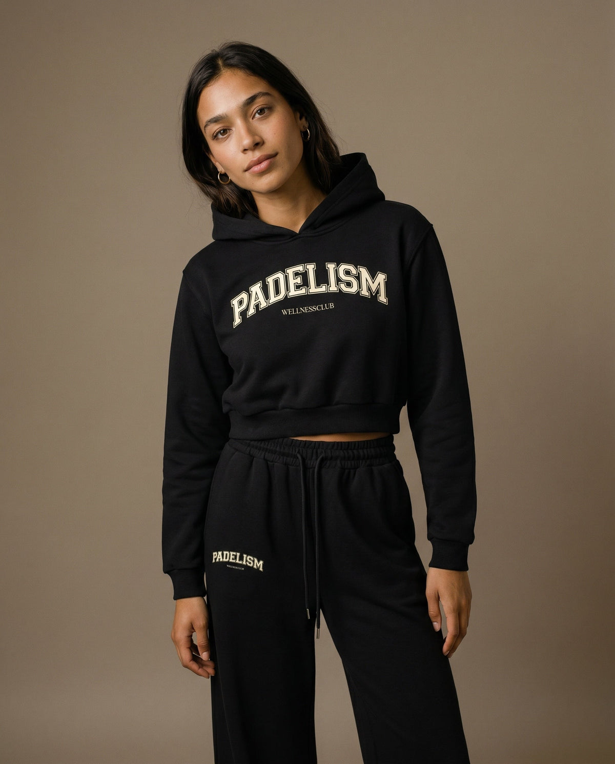 Black cropped hoodie with hood and front Padelism Wellness Club logo print