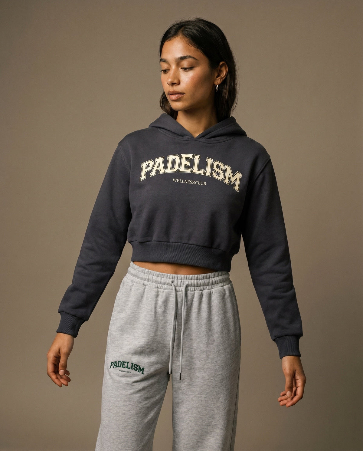Charcoal gray cropped hoodie with hood and front Padelism Wellness Club logo print