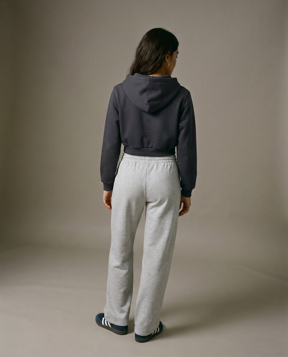 Charcoal gray cropped hoodie with hood, shown from the back