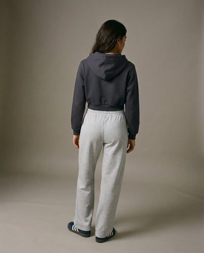 Charcoal gray cropped hoodie with hood, shown from the back