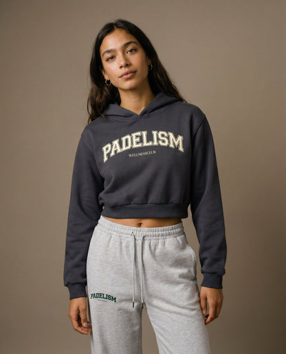 Charcoal gray cropped hoodie with hood and front Padelism Wellness Club logo print