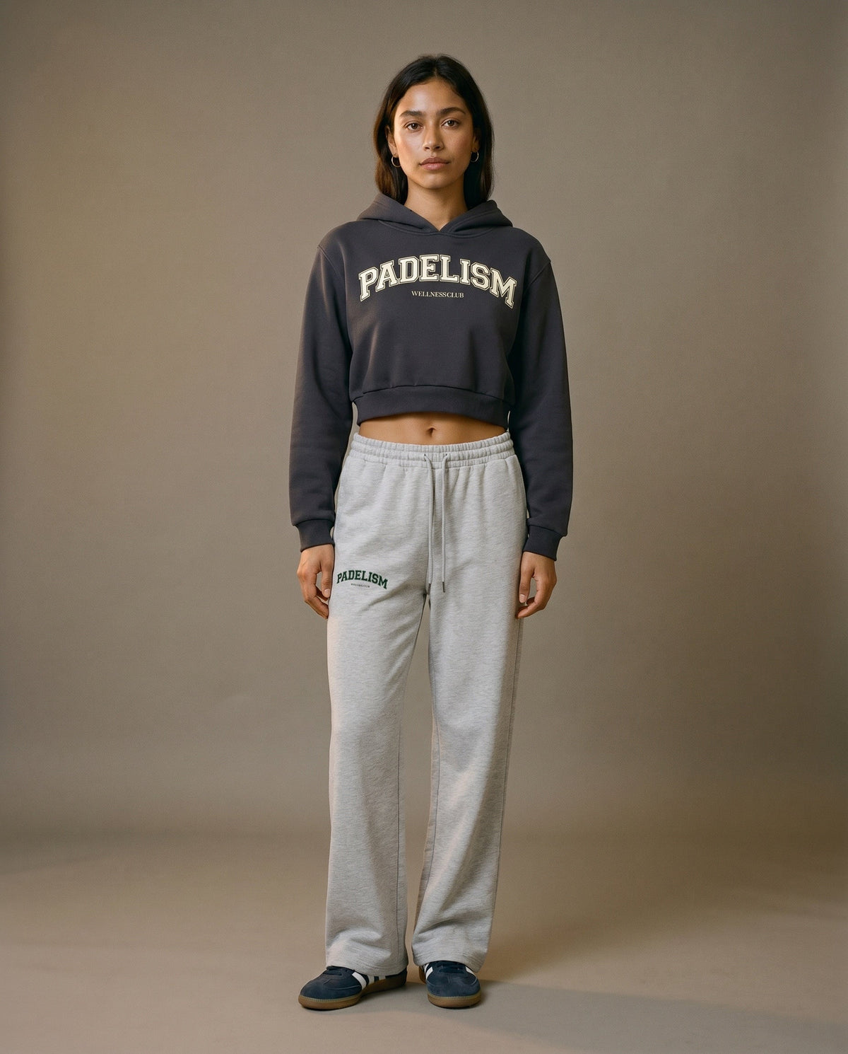 Charcoal gray cropped hoodie with hood and front Padelism logo print