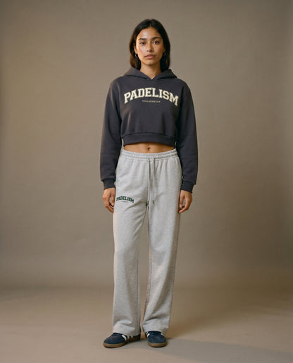 Charcoal gray cropped hoodie with hood and front Padelism logo print