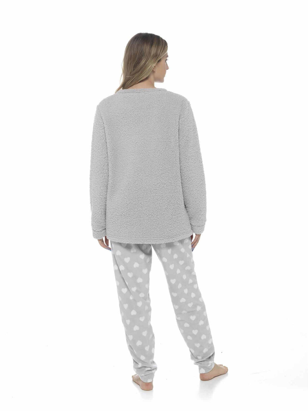 Women's sloth fleece pajama set, back view with matching heart-pattern joggers