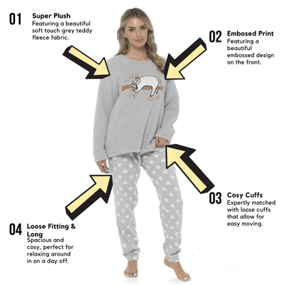 Women's fleece pajama set feature diagram showing soft fleece, print, and matched cuffs