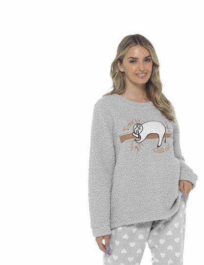 Women's grey sloth-print fleece top with matching light joggers and heart pattern