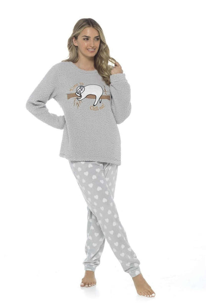 Women's grey sloth fleece pajama set with heart-pattern joggers, side pose