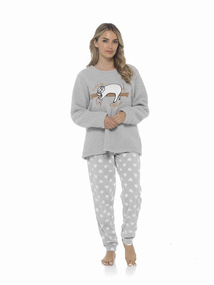 Women's grey sloth graphic fleece pajama set with heart joggers, front view
