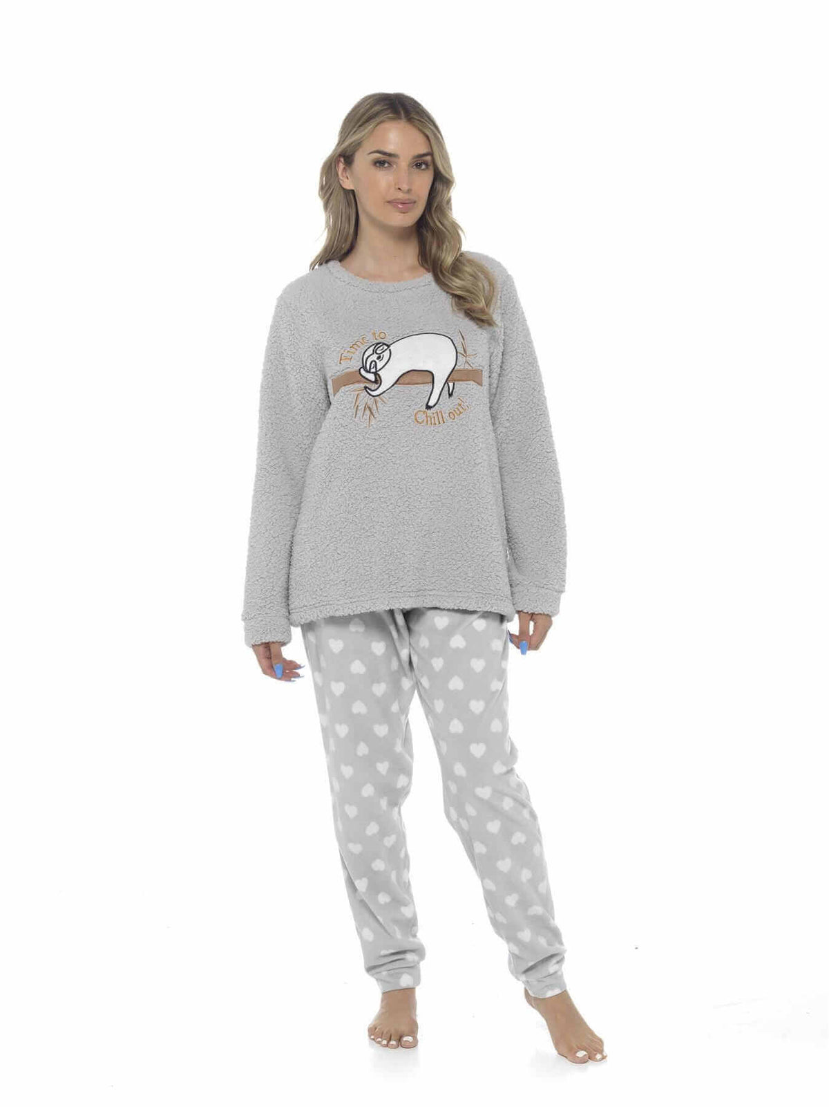 Women's grey fleece pajama set, sloth graphic long-sleeve top with heart print joggers