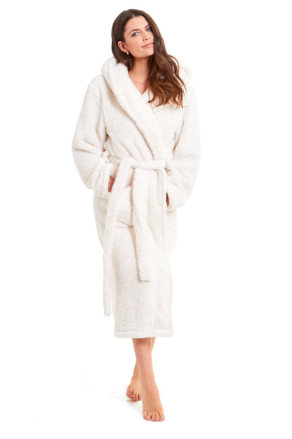 Women’s hooded fleece robe in cream, mid-calf length with tie belt and hood