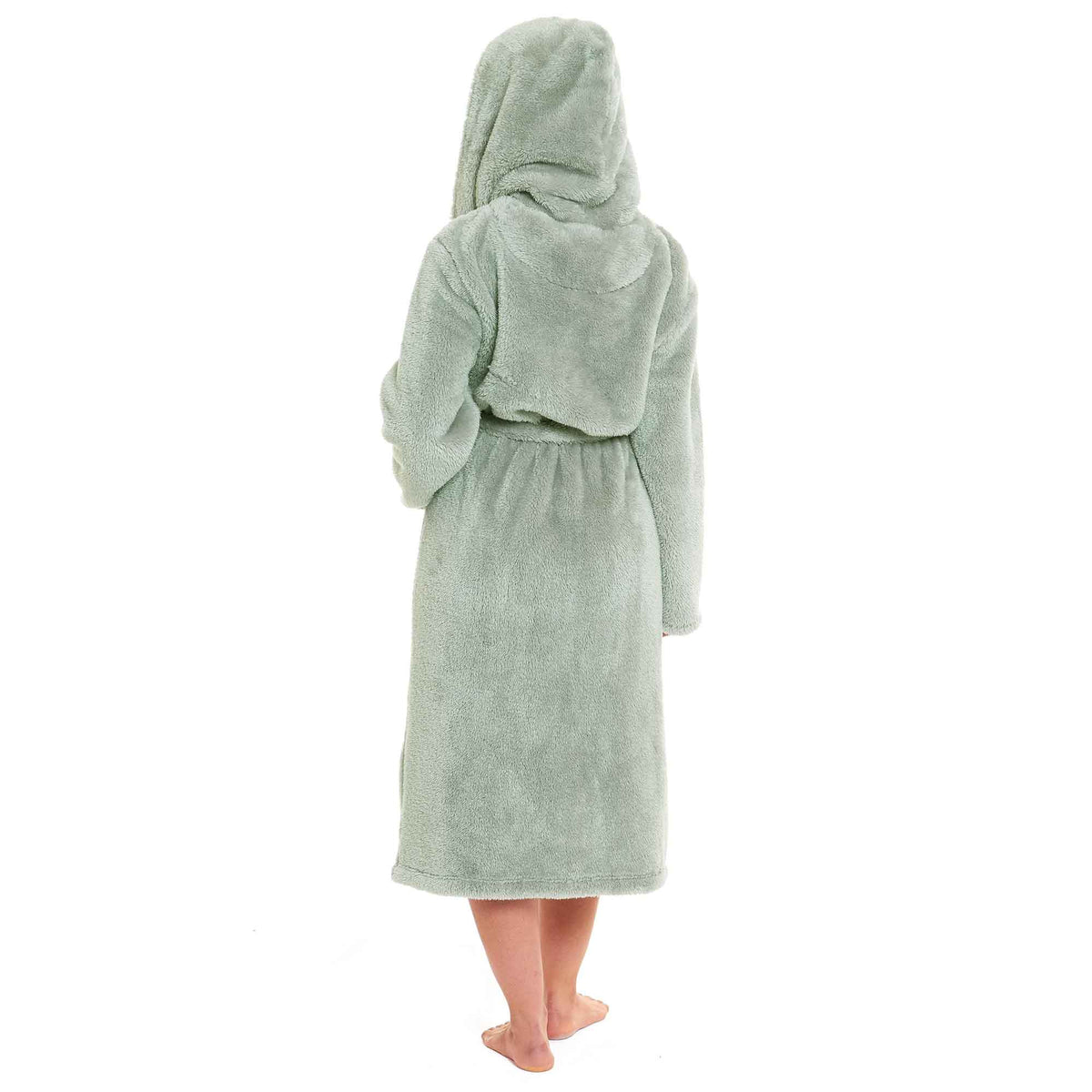 Women's sage green fleece hooded robe, open back view with tied waist belt