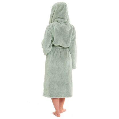 Women's sage green fleece hooded robe, open back view with tied waist belt