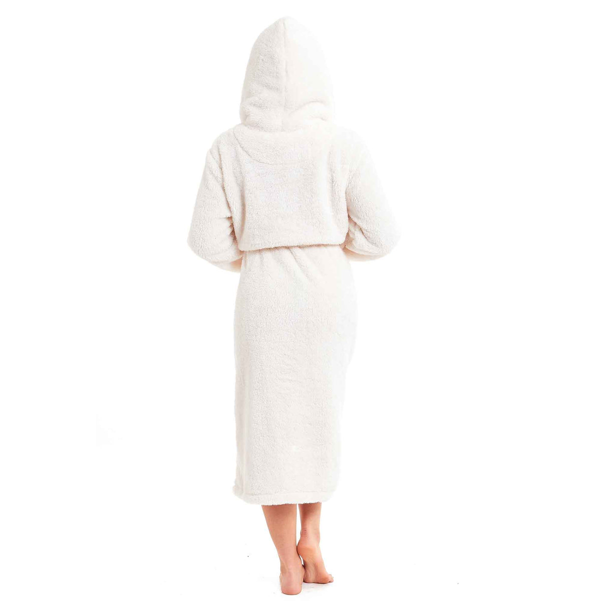Women’s hooded fleece robe in cream, mid-calf back view with hood and tie