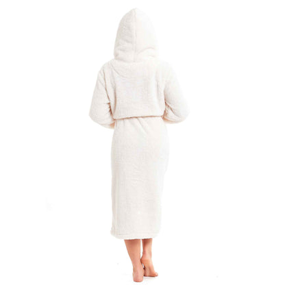 Women’s hooded fleece robe in cream, mid-calf back view with hood and tie