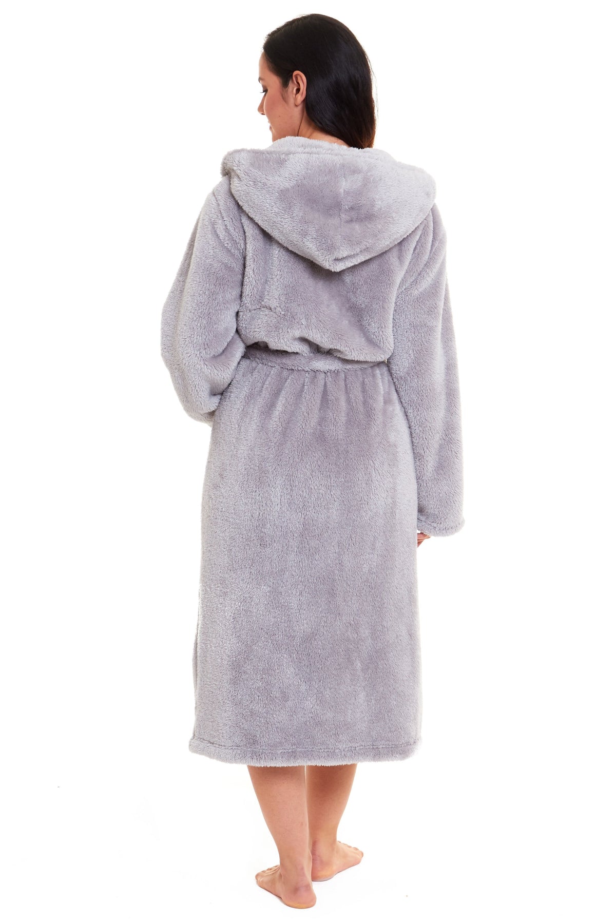 Women's light grey fleece hooded robe, back view with hood and belt tie