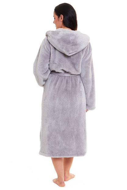 Women's light grey fleece hooded robe, back view with hood and belt tie
