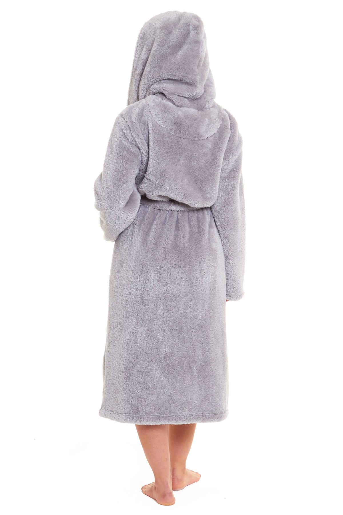 Women's light grey fleece hooded robe, back view showing hood and waist belt