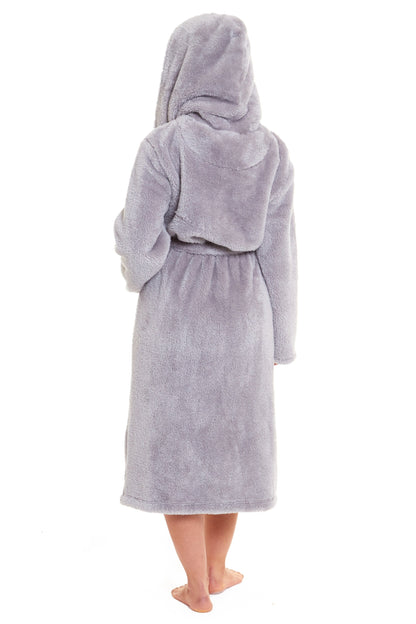 Women's light grey fleece hooded robe, back view showing hood and waist belt