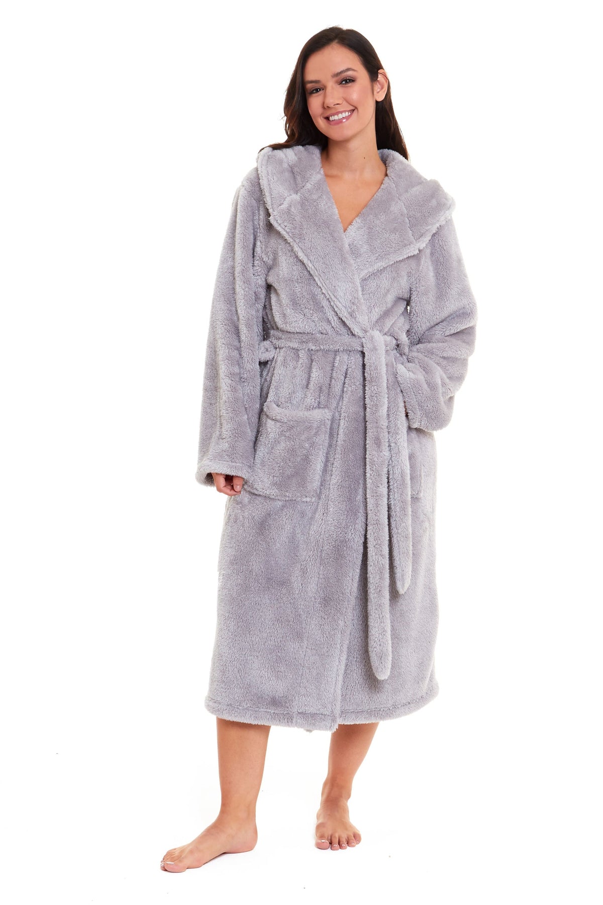 Women's light grey fleece hooded robe with belt tie and patch pockets, front view