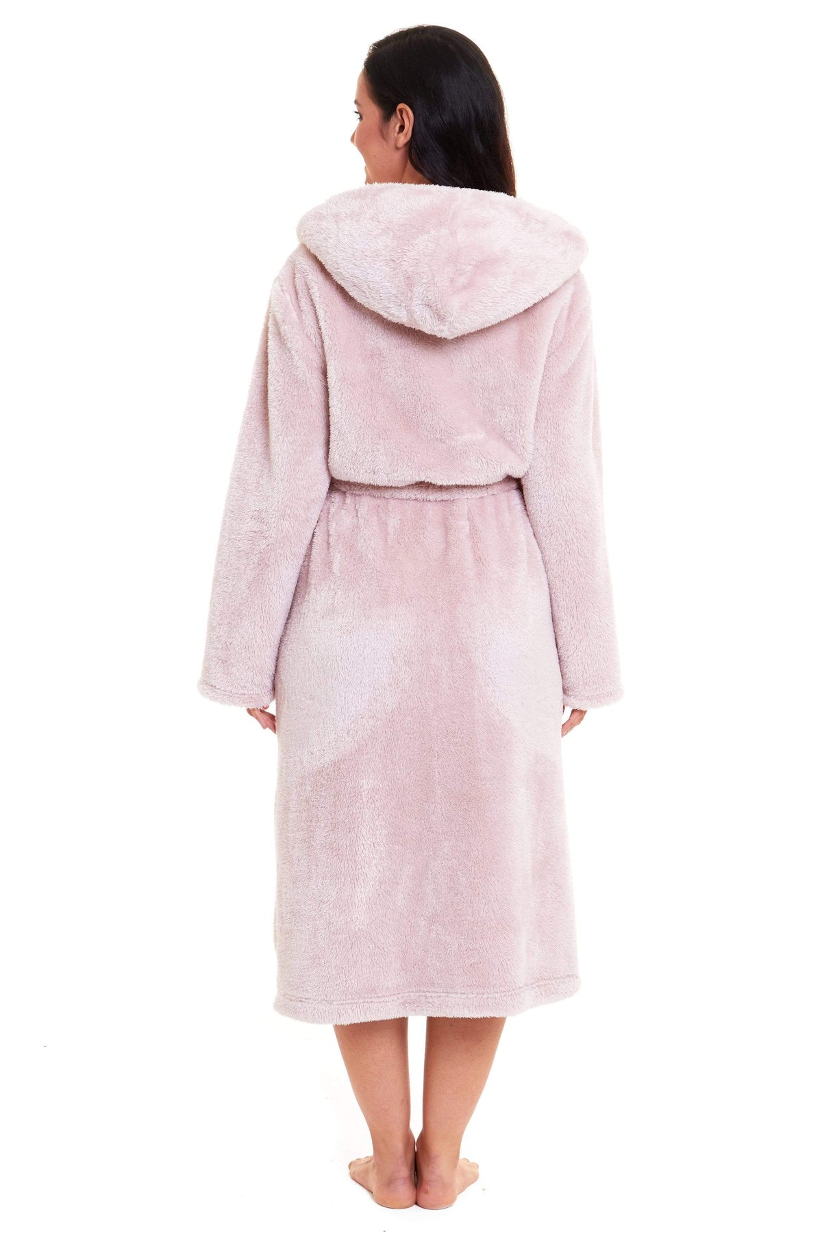Women’s hooded fleece robe, light pink, mid-calf back view with tie belt