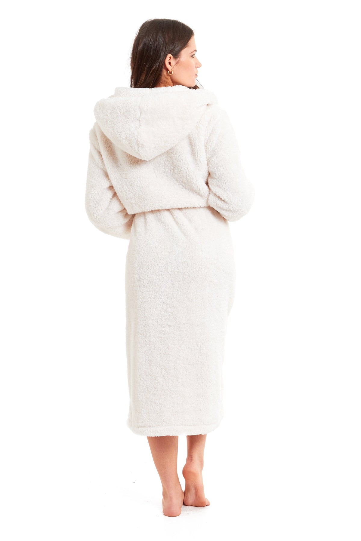 Women’s hooded fleece robe in cream, mid-calf back view with tie belt