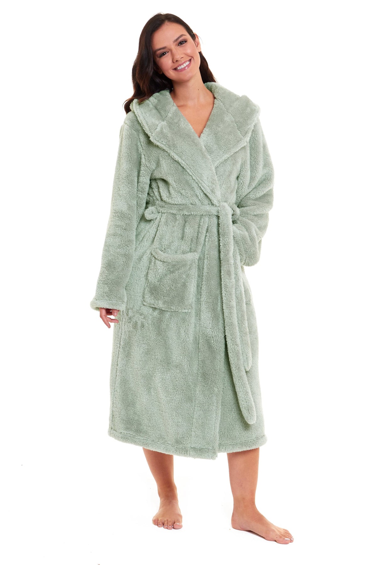 Women's fleece hooded robe in sage green, wrap style with belt and front pockets