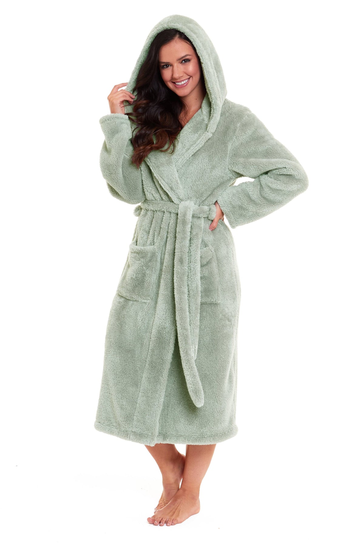 Sage green hooded fleece robe with wrap V-neck, tie belt, and front pockets