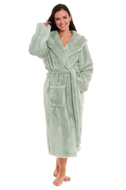 Women's sage green fleece hooded robe, wrap belt and patch pockets, side view