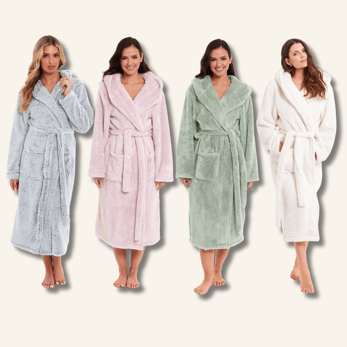 Women’s hooded fleece robe, assorted colors with tie belt and front pockets