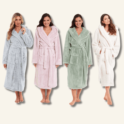 Women’s hooded fleece robe, assorted colors with tie belt and front pockets