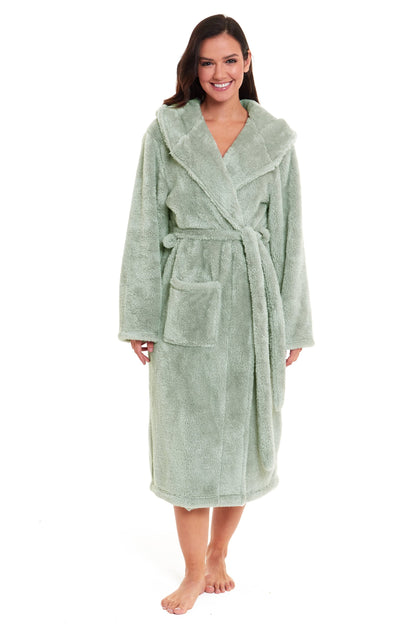 Sage green hooded fleece robe with tie belt and patch pockets, front view