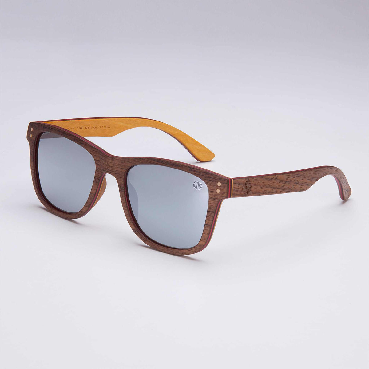 Wood-look sunglasses, side view with brown frame and tinted lenses