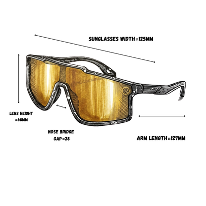 Black frame youth polarized sunglasses size diagram; gold mirrored lenses, measurements shown
