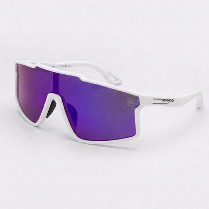 Youth polarized sunglasses, white frame, front view with purple mirrored lenses